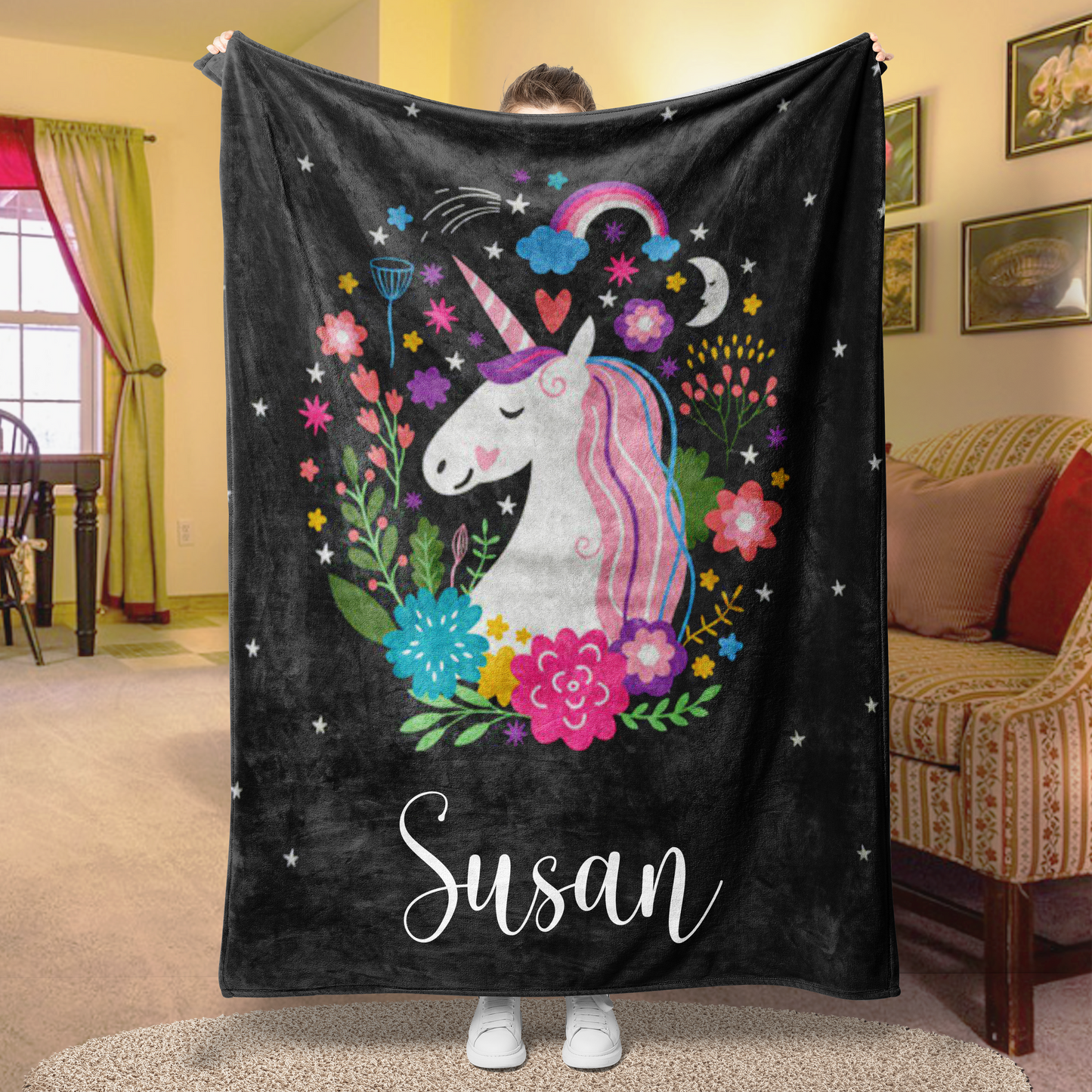 Personalized Magical Unicorn Dream Fleece Blanket Black