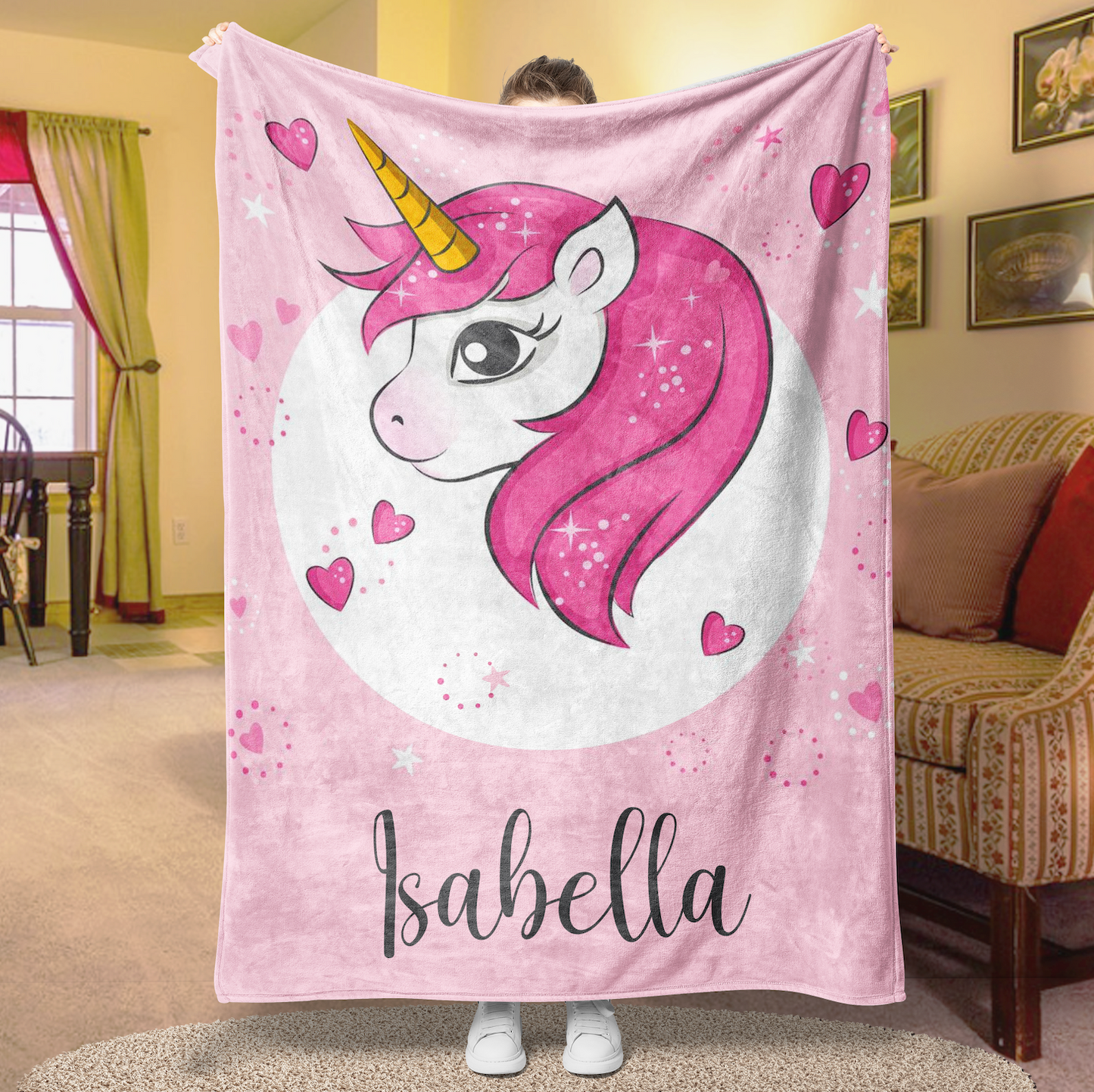 Personalized Magical Unicorn Portrait Fleece Blanket Pink