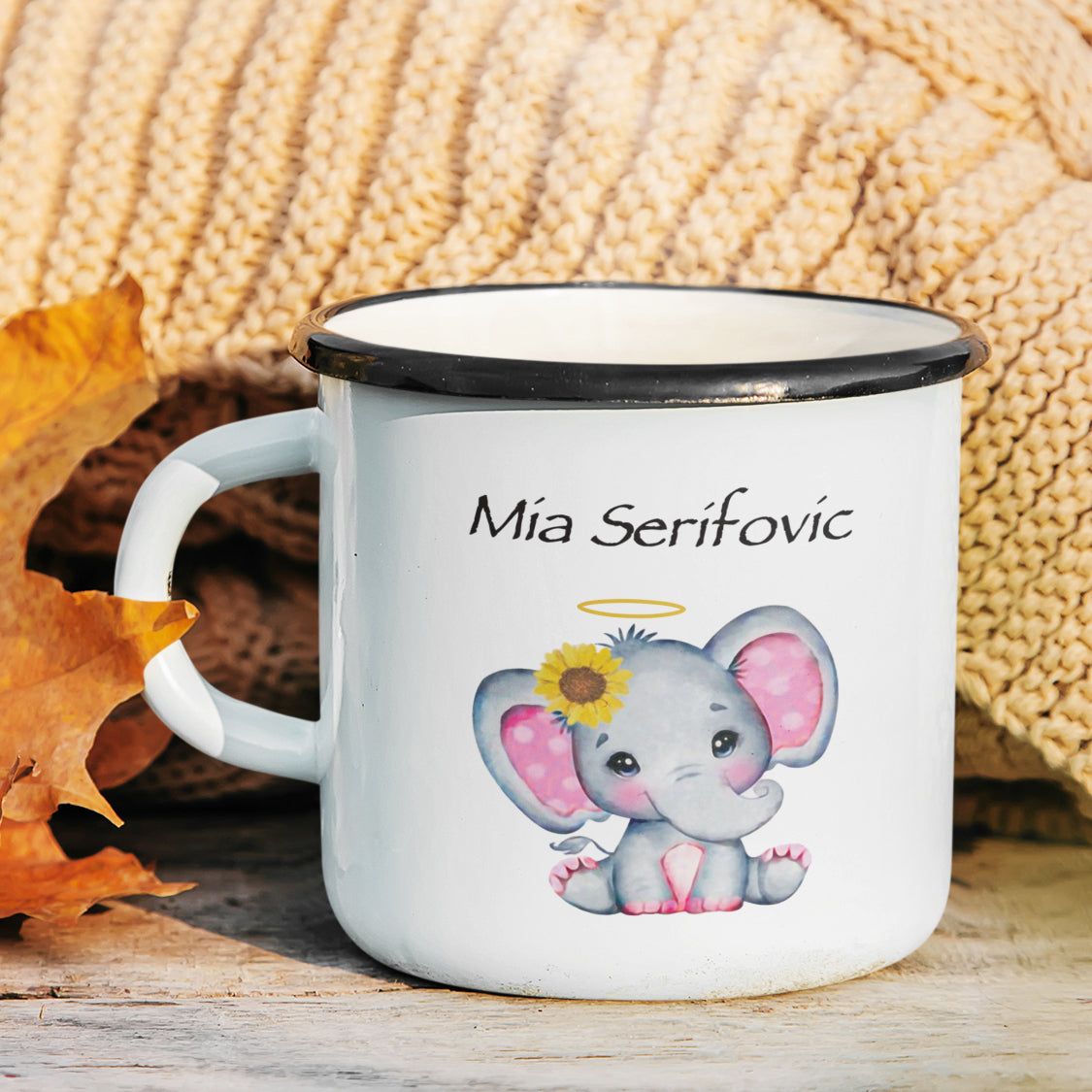 Personalized Enamel Pink Elephant With Sunflower Kids Mug | 22111814