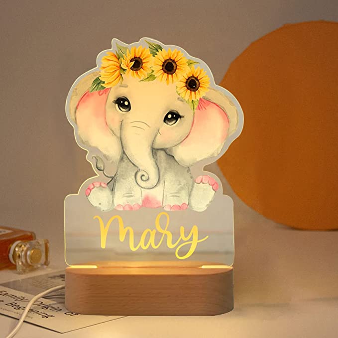 Personalized Bedroom Led Night Light Boys Girls Animal Theme Flower Elephant