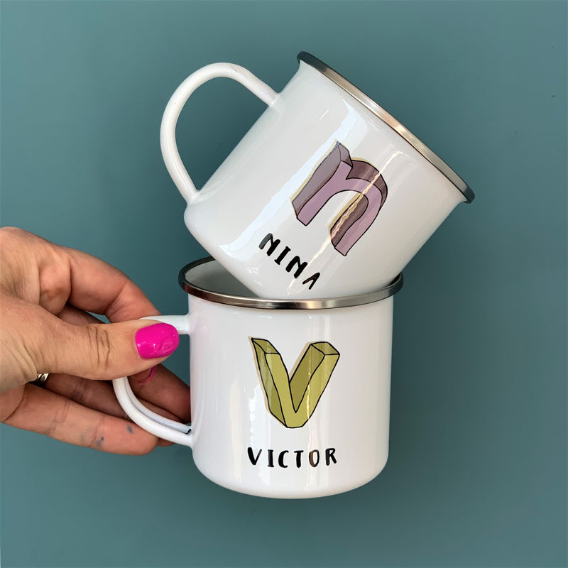 Personalized 3D Cartoon Sketch Initial Enamel Mugs