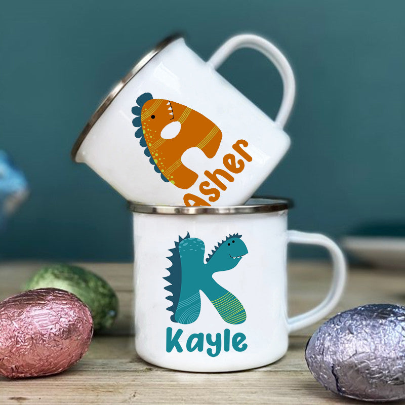 Personalized Dinosaur Alphabet Initial Kids Enamel Camping Mugs