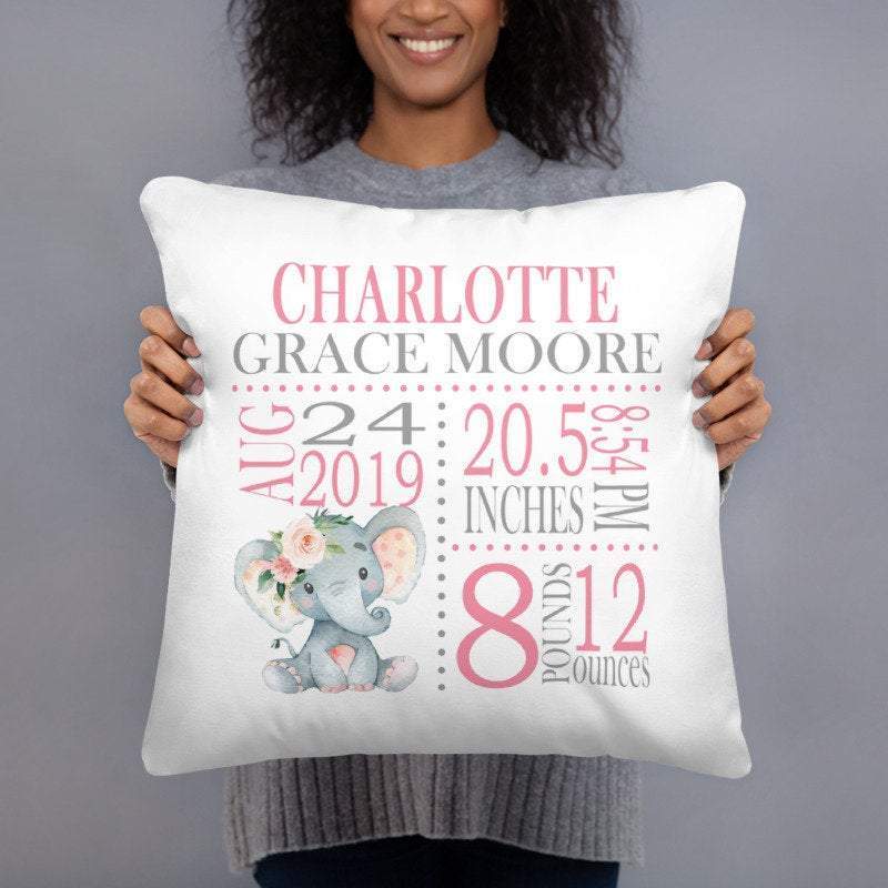 Personalized Elephant Baby Throw Pillow With Birth Info