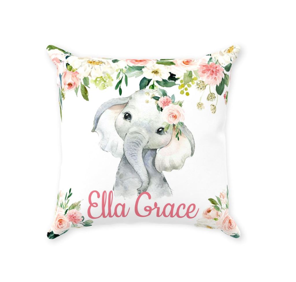 Personalized Baby Floral Pink Elephant Throw Pillow