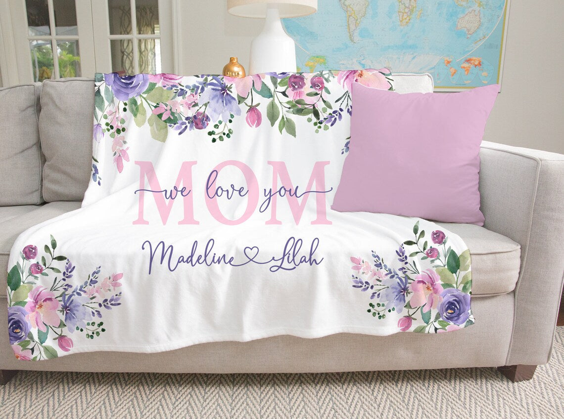 Personalized  Flora Mom/Nana/Auntie We Love You Blanket Purple Rose