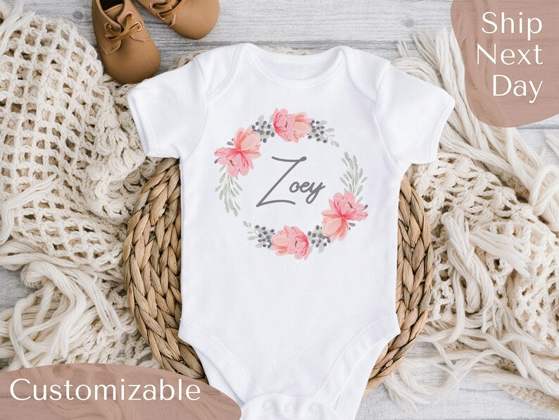 Personalized Baby Onesie With Name Floral Pink