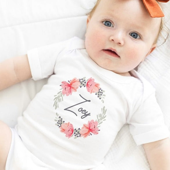 Personalized Baby Onesie With Name Floral Pink