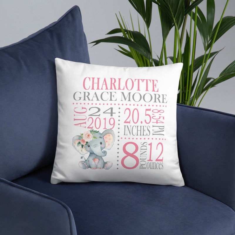 Personalized Elephant Baby Throw Pillow With Birth Info