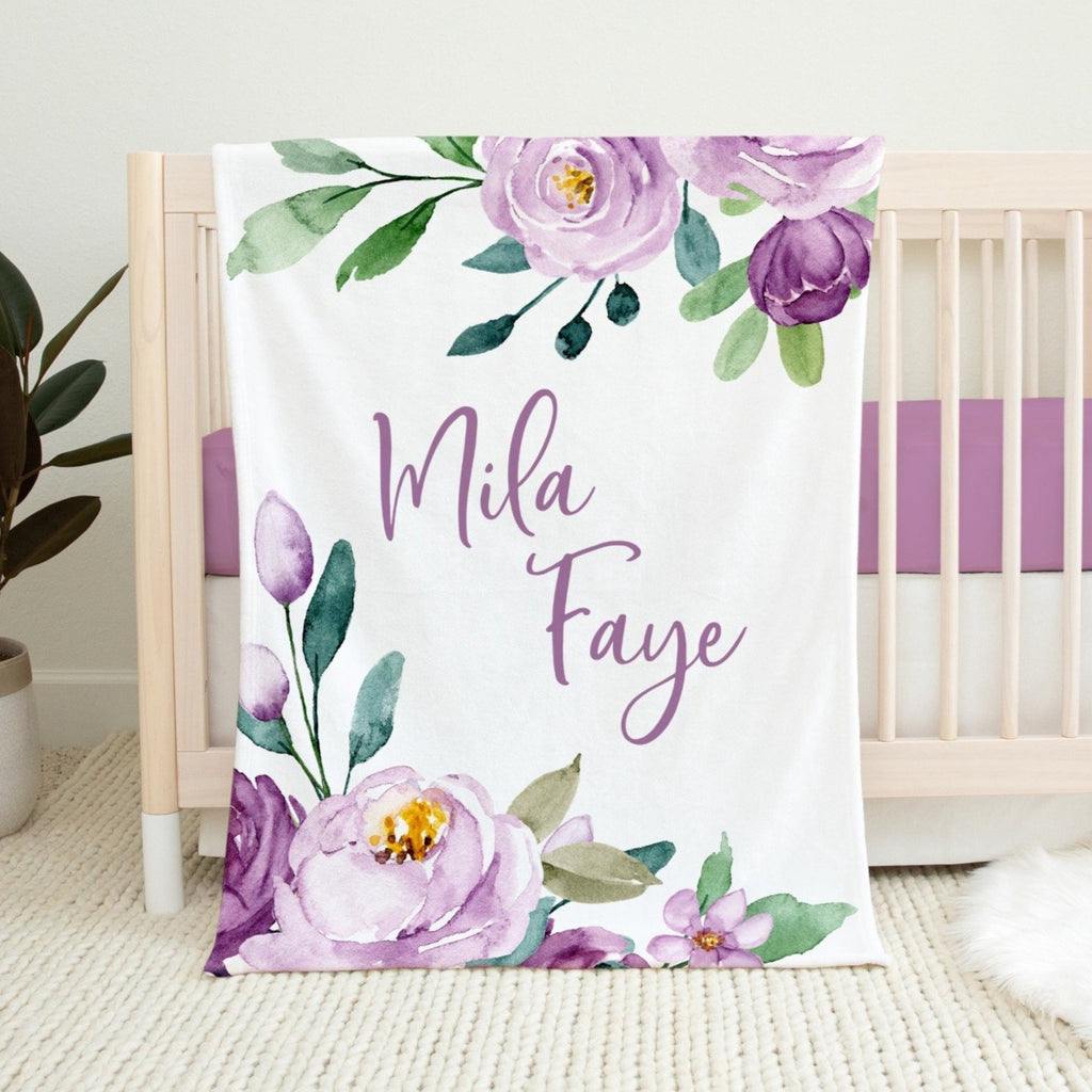 Personalized Minky Fleece Flower Baby Blanket Violet And Plum