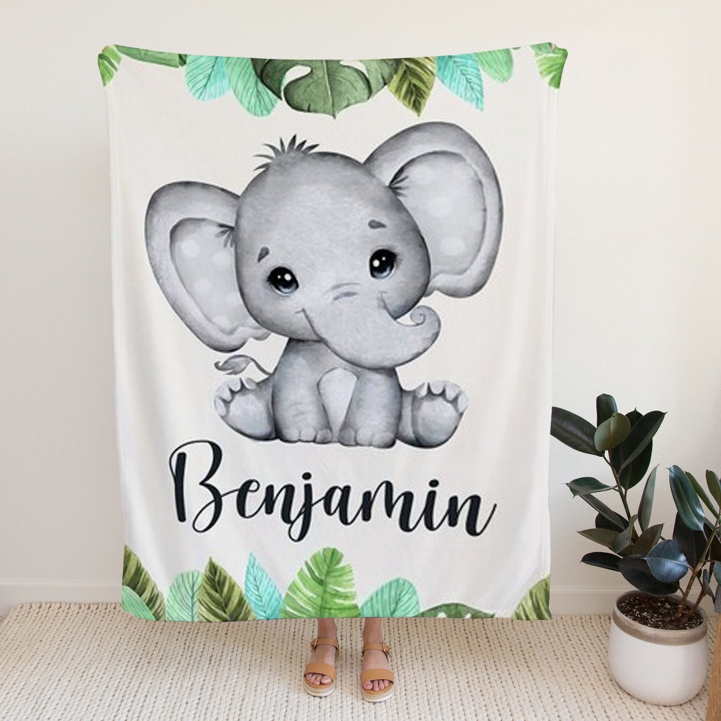 Personalized Elephant Fleece Blanket With Leaves